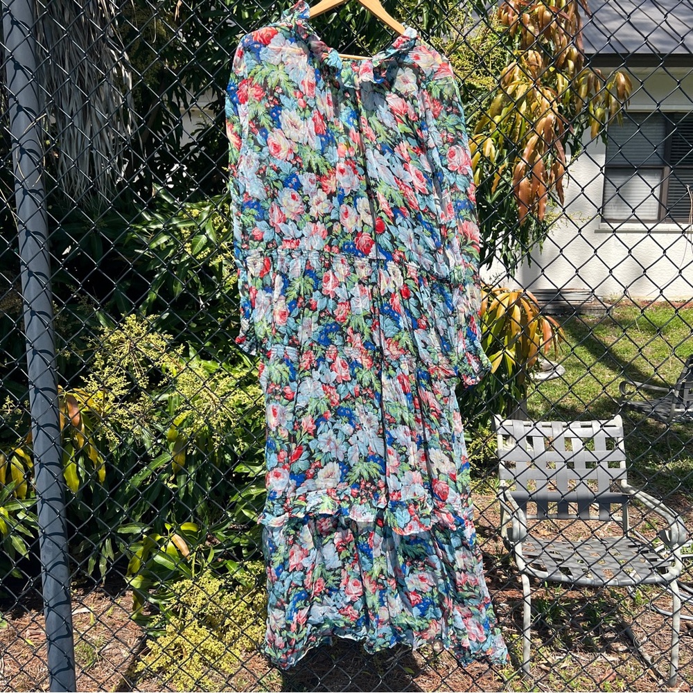 Anthropologie The Marais Printed Chiffon Maxi Dress Floral Boho Long Sleeve XL - Picture 6 of 8
